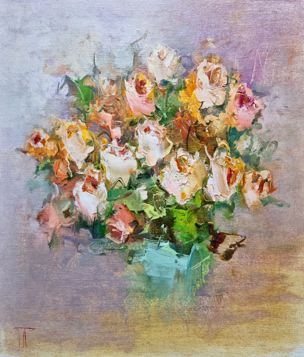 Impressionistic Botanical Oil Painting By Hennadii Penskyi, 12 X 14, Creme Roses, Original Artwork
