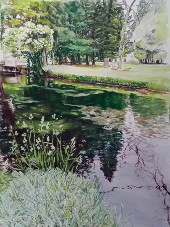 Watercolor riverside painting