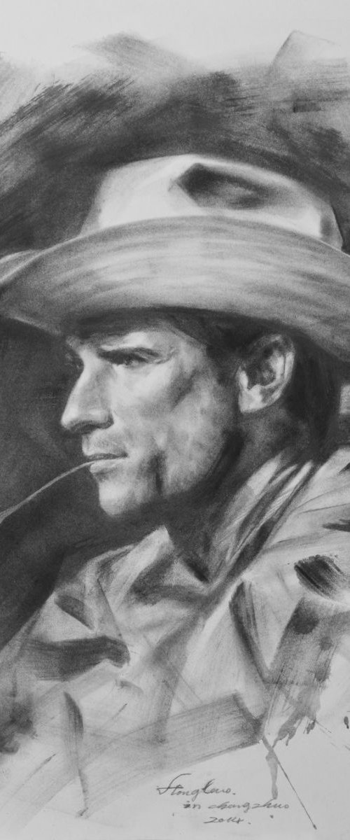 Drawing charcoal portrait of cowboy#16-4-13-05 by Hongtao Huang