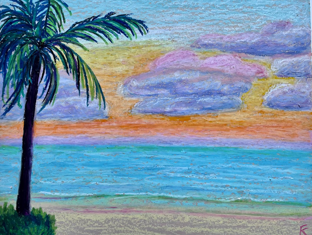 Ocean Original Painting, Sunset Beach Oil Pastel Drawing, Seascape Art, Pastel Home Decor by Kate Grishakova