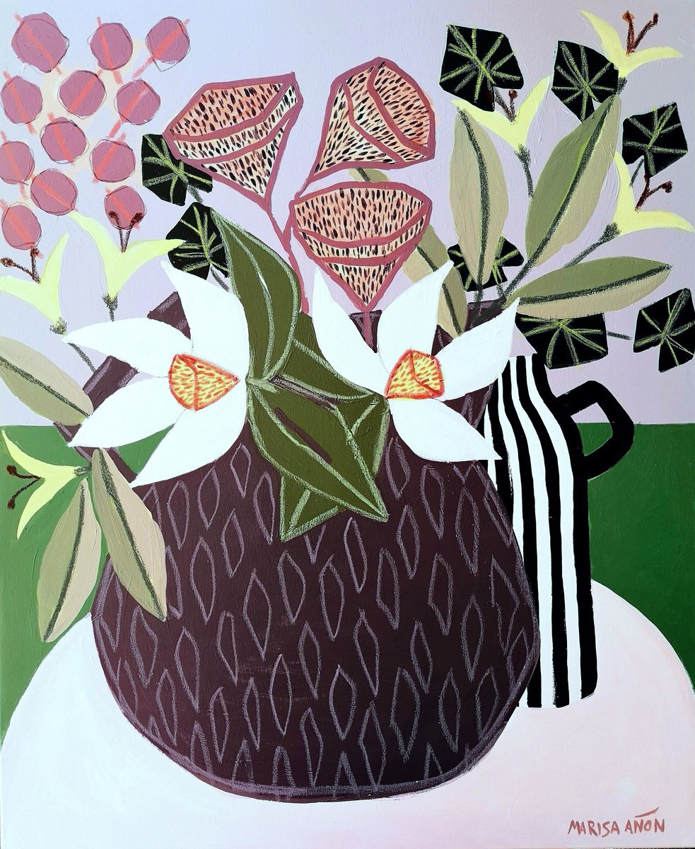 Still Life Painting By Marisa Anon, 24 X 29", Morning Flowers Vi, Original Artwork