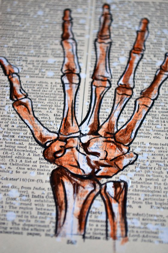 Helpful Hand - Collage Art Hand Bones on English Dictionary Vintage Page