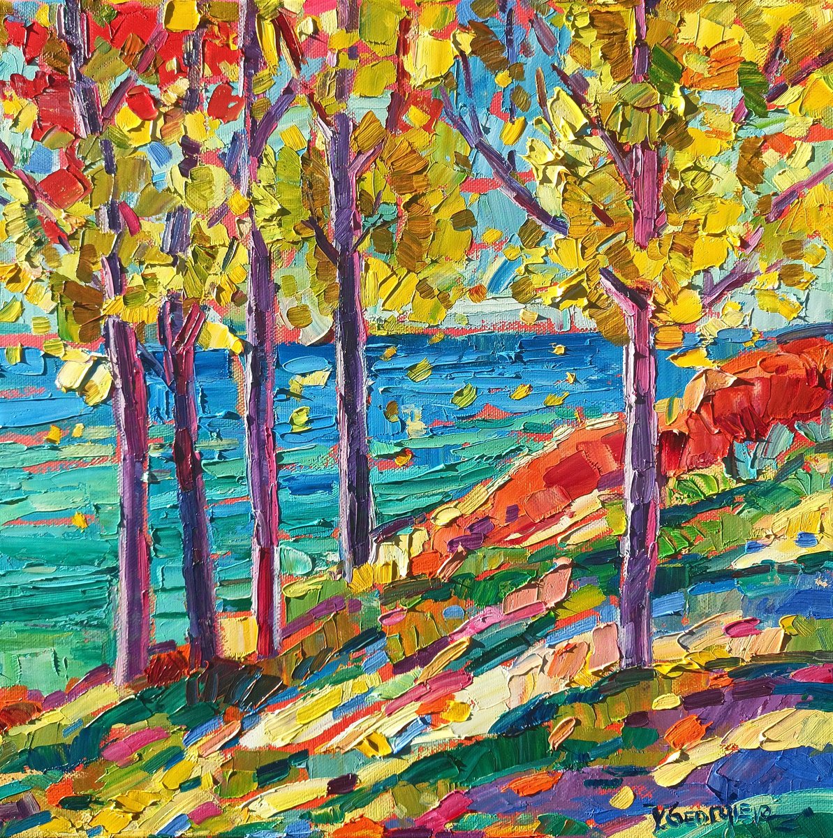 Impressionistic Landscape Oil Painting By Vanya Georgieva, 16 X 16", Fall Trees, Original Artwork