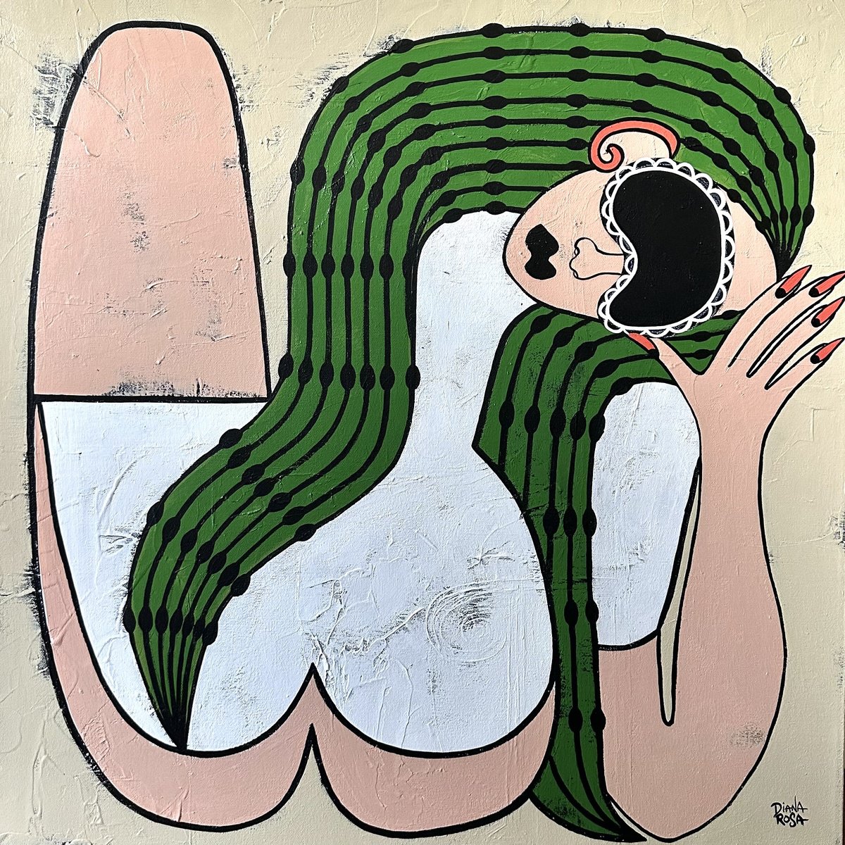 Expressive Portrait Acrylic Painting By Diana Rosa, 24 X 24, Green Hair, Original Artwork