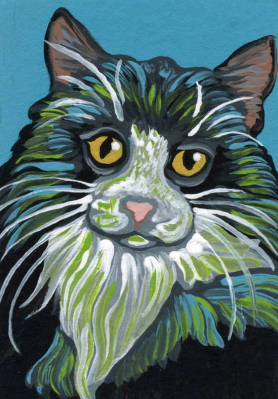 ACEO ATC Original Miniature Painting Colorful Tuxedo Cat Pet Art-Carla Smale