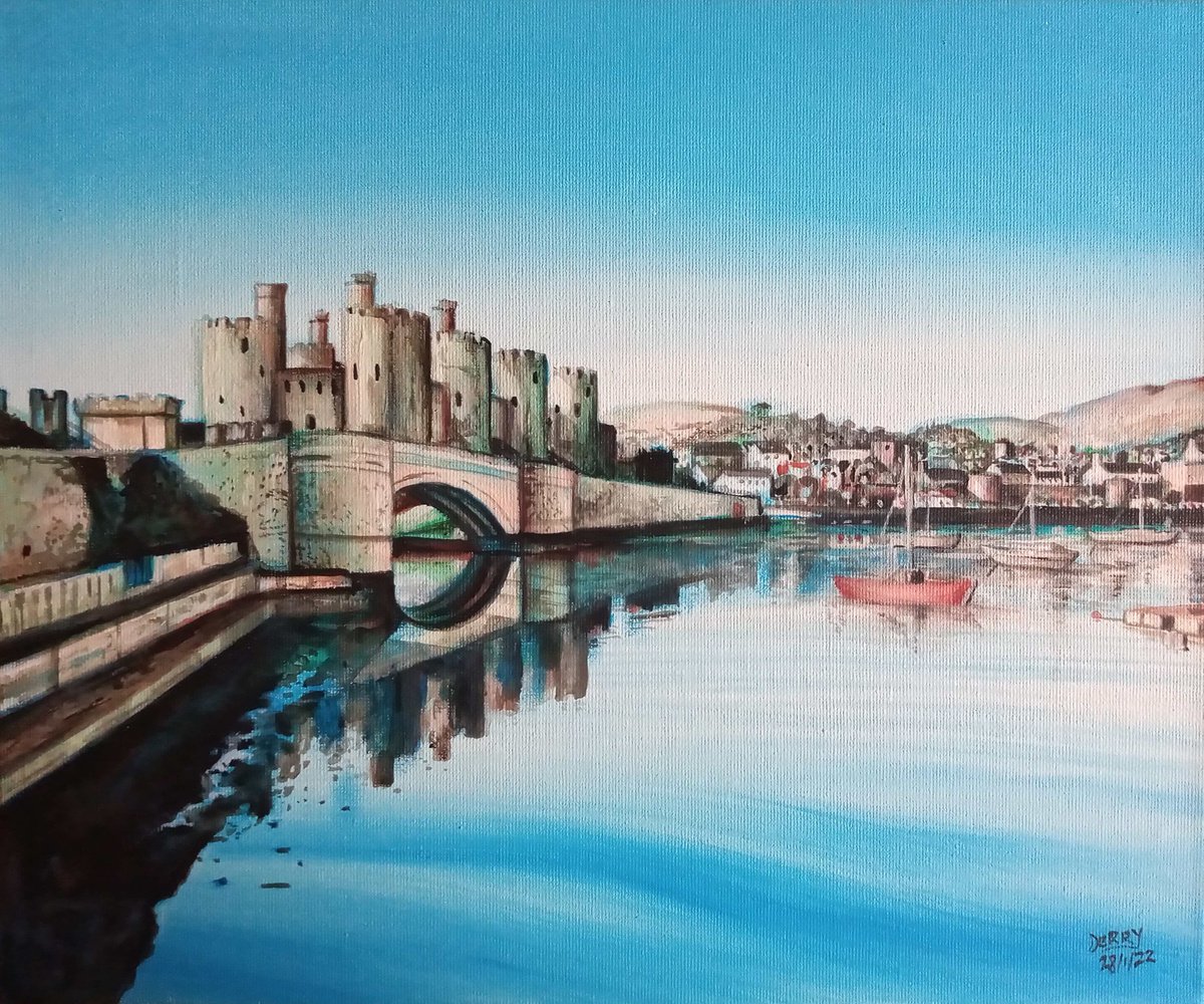 View to Conwy Castle - Land Seascape Art Painting by Spencer Derry ART