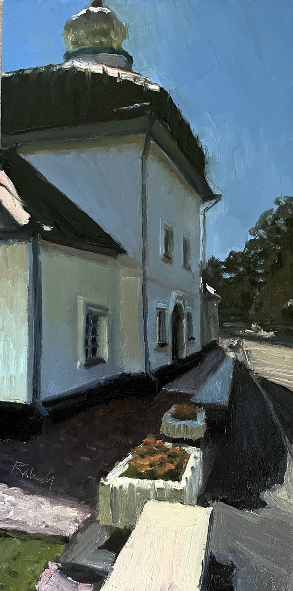 Impressionistic Landscape Oil Painting By Michael Rak, 7 X 14", Church Under The Rays, Original Artwork