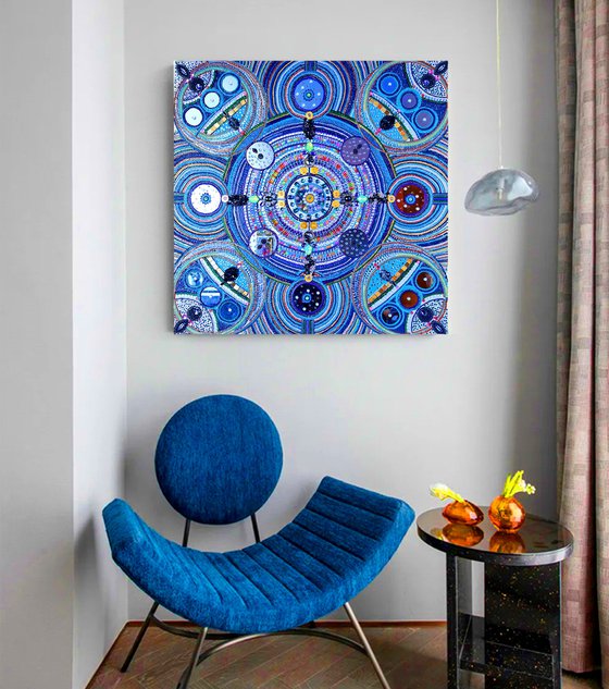 SPACE - decorative wall sculpture of rhinestones, mirrors, crystals. Turquoise blue abstract painting