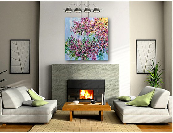 Cherry Blossom - Abstract Floral Painting on Canvas, Heavy Textured Palette Knife Art