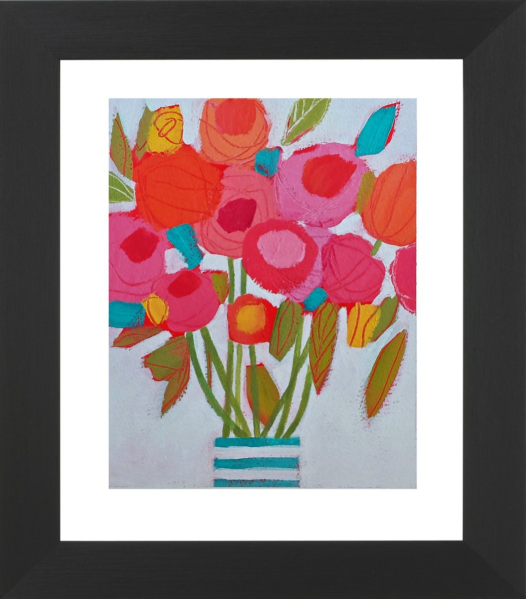 Naive Botanical Acrylic Painting By Jan Rippingham, 11 X 13, Summer Floral Iv, Original Artwork