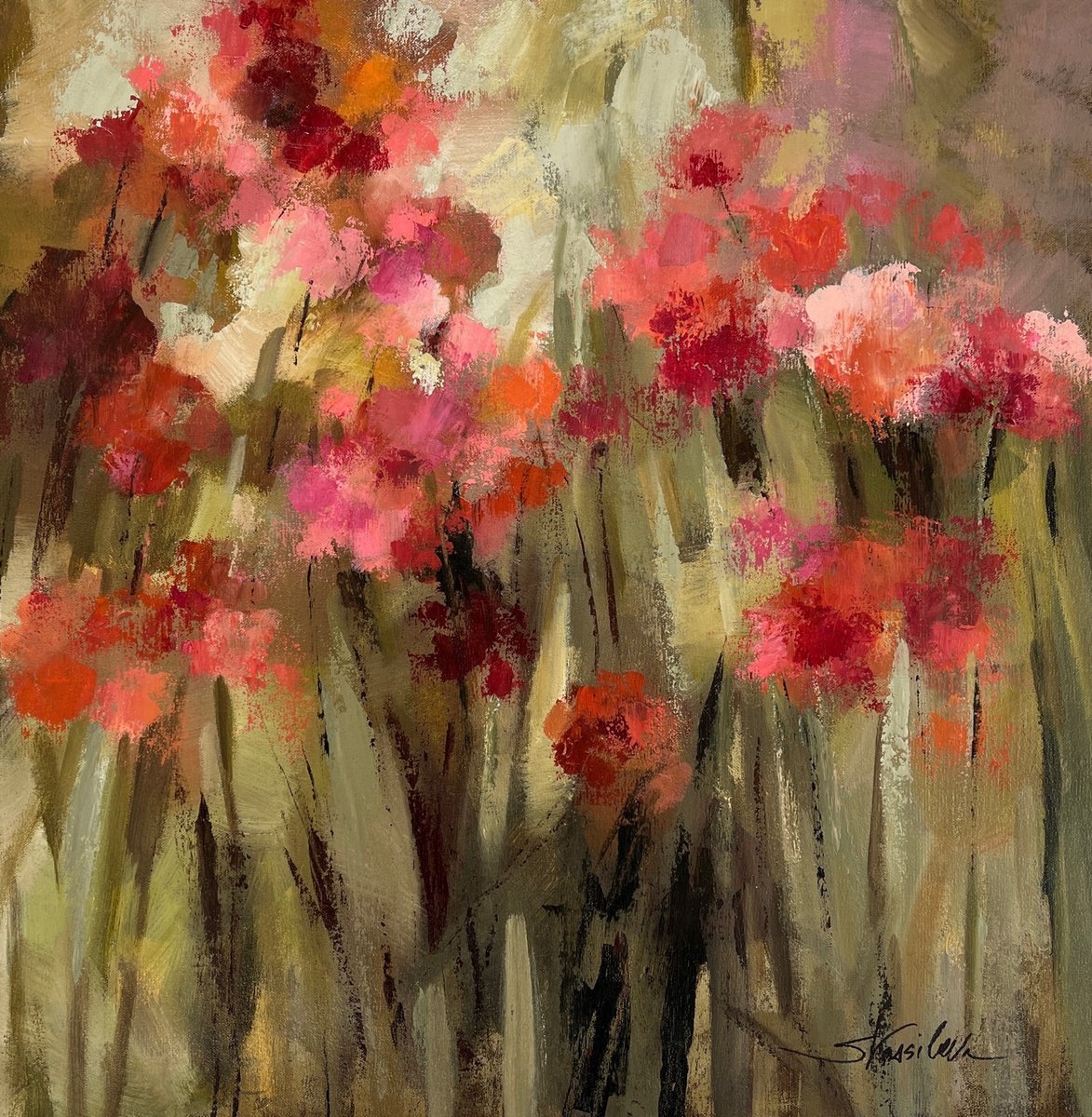 Impressionistic Botanical Acrylic Painting By Silvia Vassileva, 24 X 24", Wild Carnations, Original Artwork