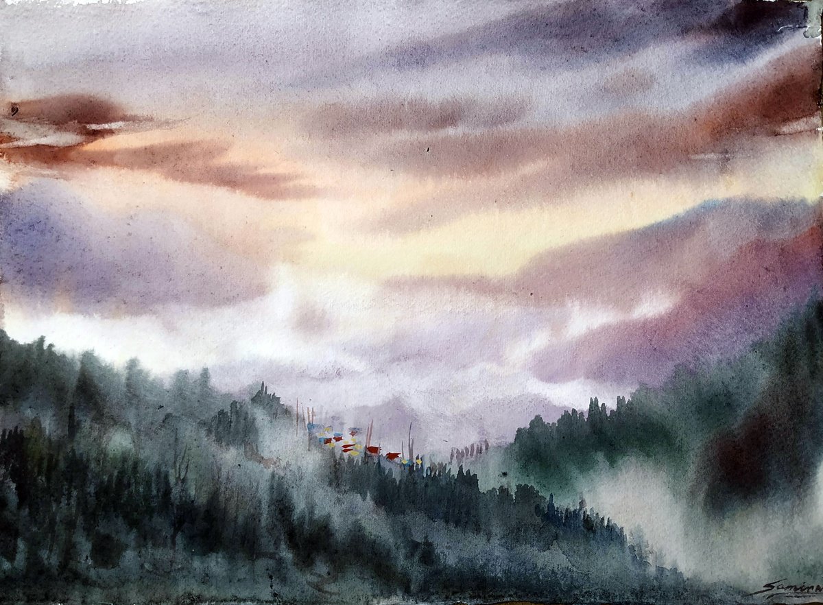 Impressionistic Landscape Watercolour By Samiran Sarkar, 15 X 12", Sunset Himalaya, Original Artwork
