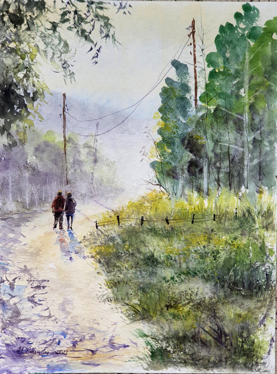 Impressionistic Landscape Watercolour By Yulia Schuster, 12 X 16", Walking In Warm Light, Original Artwork