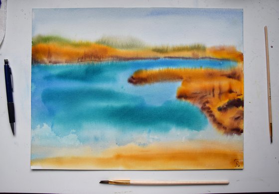 Sea Watercolour Painting, Coastal Original Art, Cyprus Landscape Wall Art