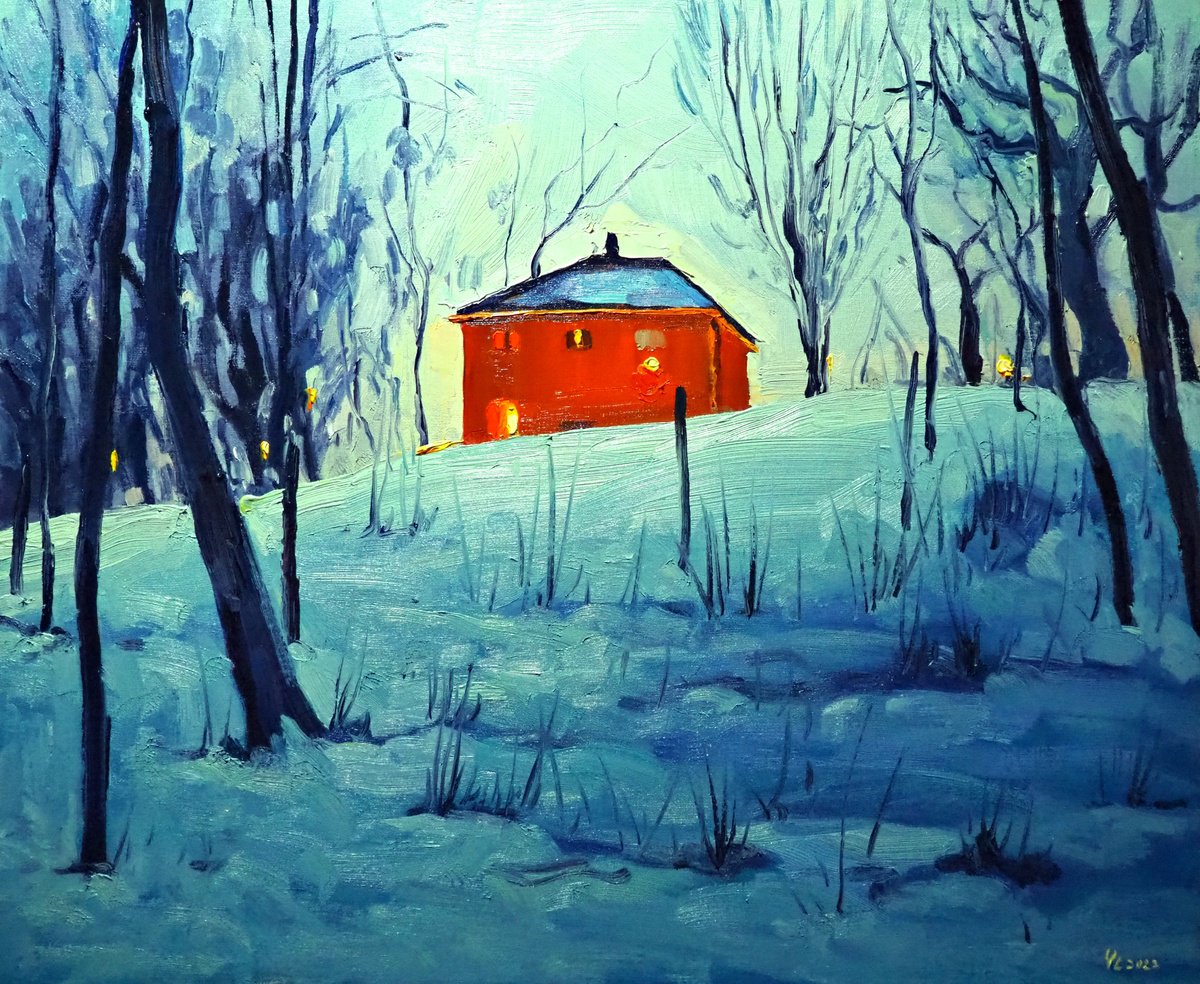 Impressionistic Landscape Oil Painting By Yuanyuan Liu, 26 X 21", The Red House, Original Artwork