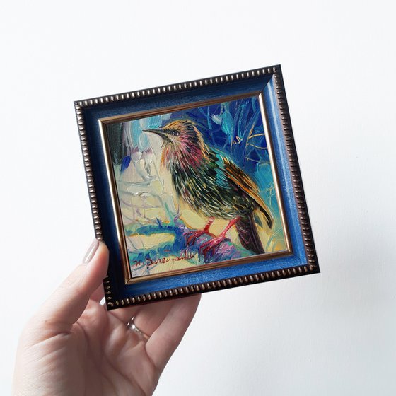 Night starling bird art painting origianal, Colorful bird artwork in frame gift