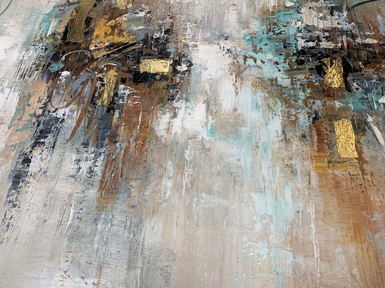 Harmony - Abstract Painting 60" x 30" Large Abstract Gold Leaf Soft Colors White Gray Painting
