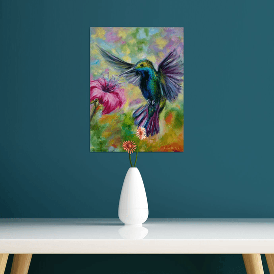 Ready to Hang Flying Hummingbird Bird Art Tropical Flower Wildlife Nature