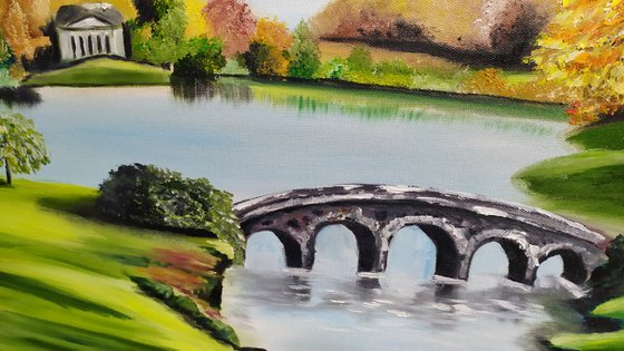 Stourhead gardens ,Wiltshire England, original park landscape oil painting