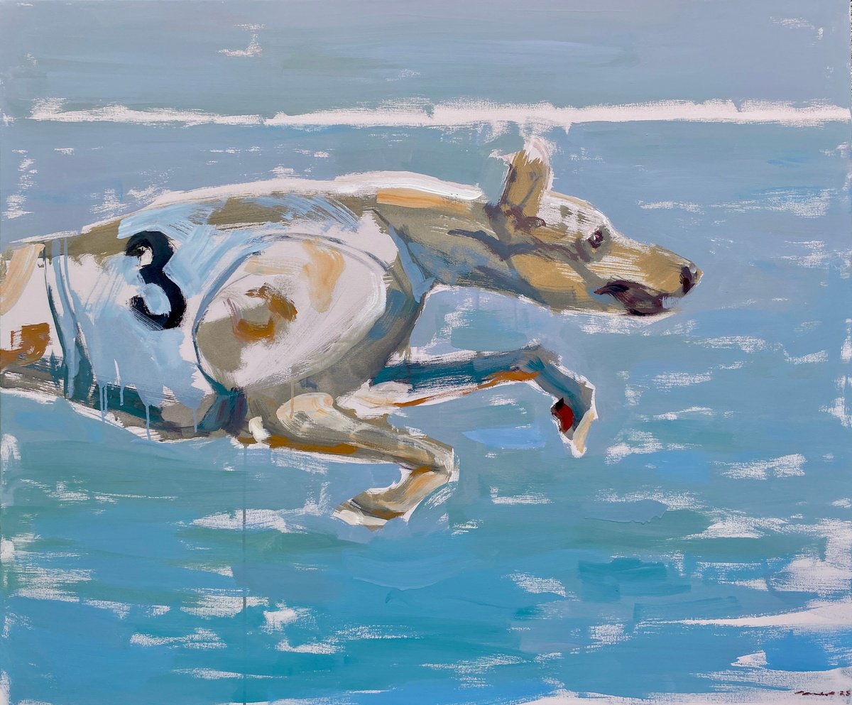 Expressive Animal Acrylic Painting By Edel Alonso Bello, 47 X 39, At Full Speed, Original Artwork