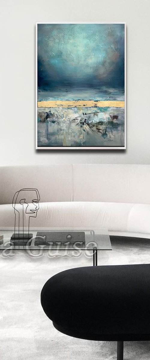 Teal Grey Turquoise 40" Golf Leaf, Minimalist Art, Modern Wall Art Decor, Original Textured Painting by Lana Guise by Lana Guise