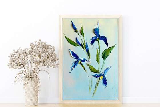 IN THE MOMENT №5 - mini iris painting. Blue irises art.