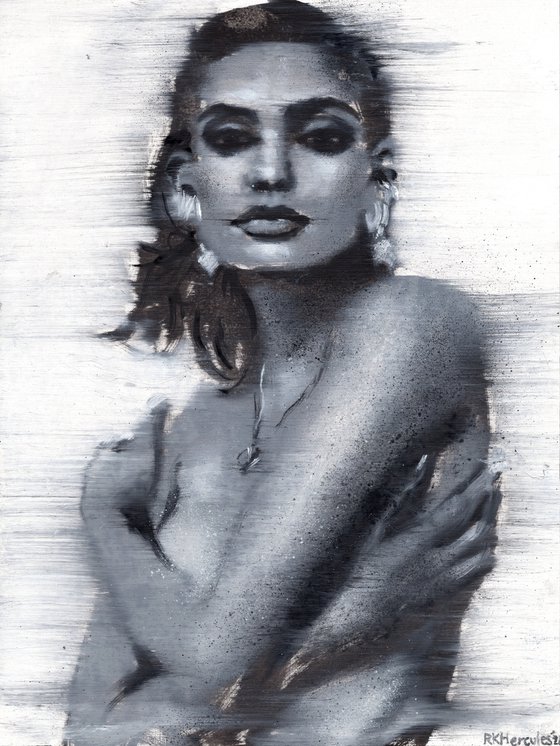 Charlee | Black and white nude woman oil painting on paper | beautiful powerful lady wearing figurative topless