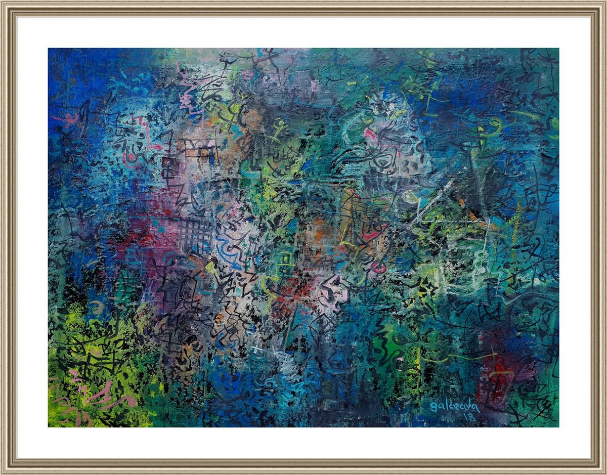 Striations, abstract oil paining in blue, original canvas art by Constantin Galceava