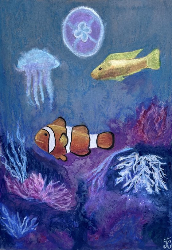 Clown Fish Metallic Watercolor Painting, Jellyfish Original Artwork, Ocean Picture, Shiny Wall Art