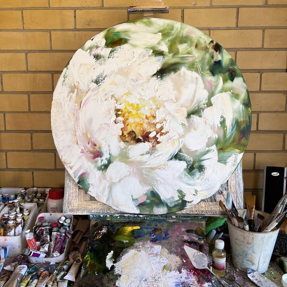 PIONOMANIA - Peony. Floral decor. White flower. Flowering. Unusual. Round painting. Pastel colors. Close-up.