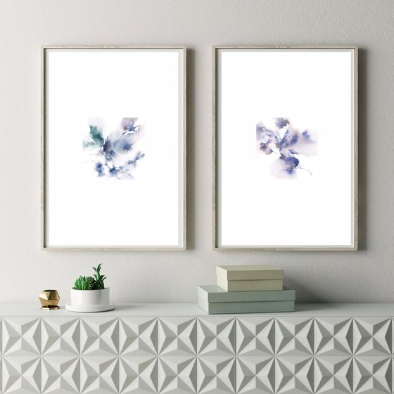 Blue flowers diptych. Watercolor painting set of 2