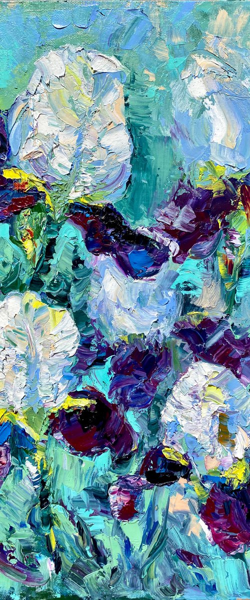 Iris - A pleasure of light, 35*45cm, impressionistic flowers oil painting in violet and turquoise by Olga Blazhko