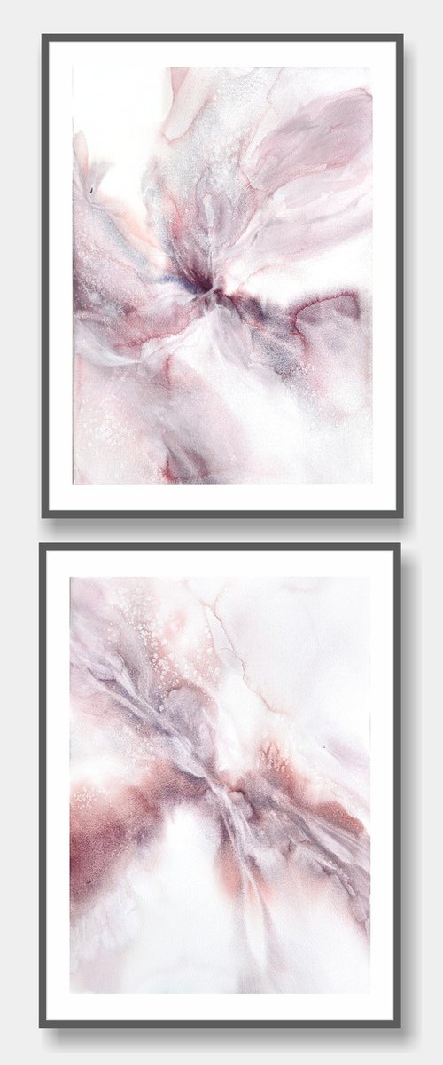 Pink abstract flowers diptych by Olga Grigo