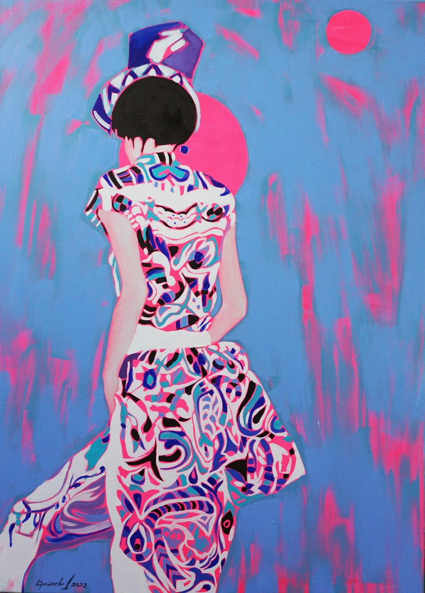 Impressionistic Portrait Oil Painting By Anastasiia Kraineva (Masniuk), 39 X 55, Pink Moon, Original Artwork