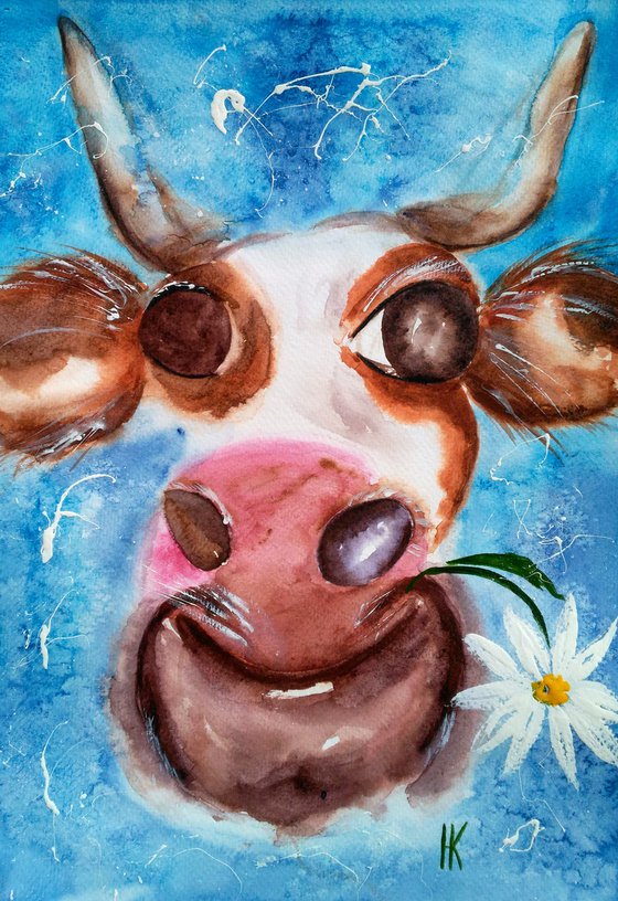 Cow Painting Daisy Original Art Animal Watercolor Floral Artwork Chamomile Home Wall Art 10 by 14" by Halyna Kirichenko