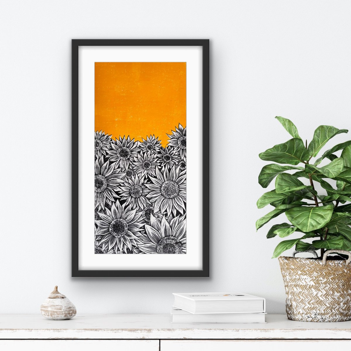 Botanical Linocut By Amy Cundall, 8 X 17, Sunflowers, Original Artwork