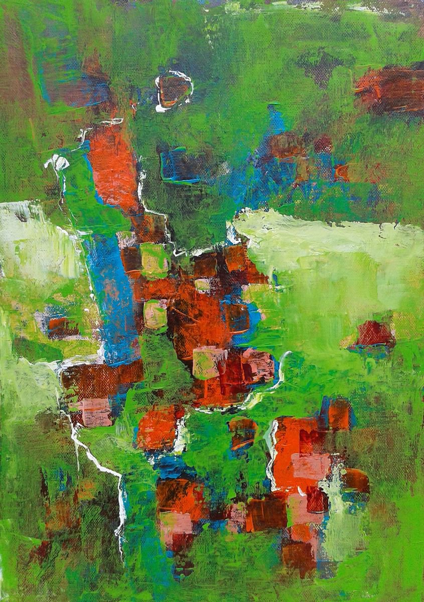 GREEN CAME TO TOWN abstract cityscape multicolored fractal painting by Emilia Milcheva