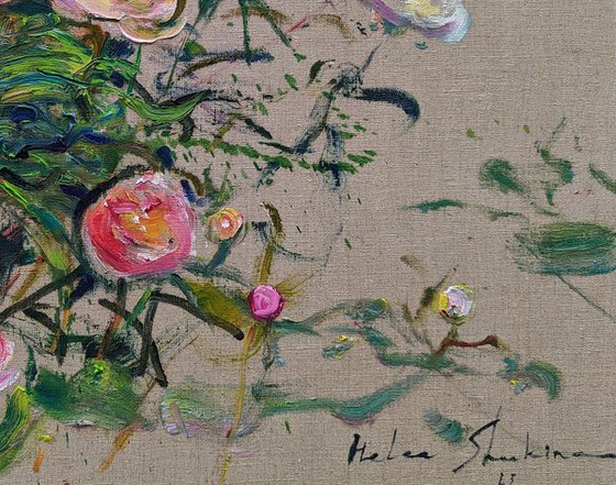 Peonies on linen canvas . 65x80 cm. Large Flowers a la prima . Original oil painting
