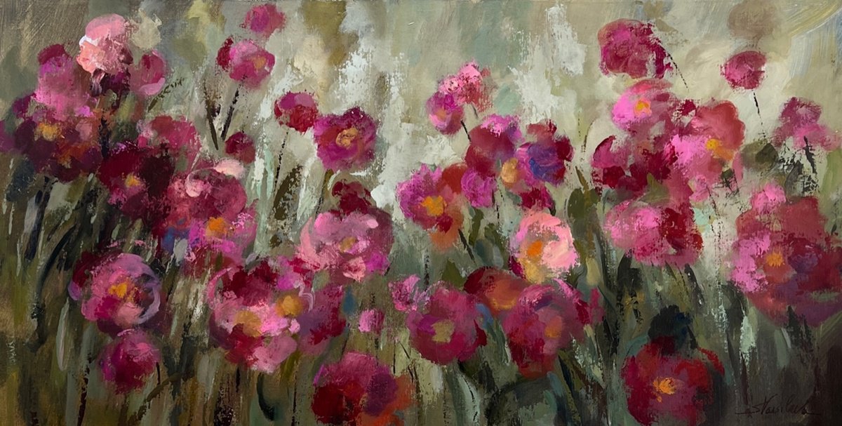 Expressive Botanical Acrylic Painting By Silvia Vassileva, 39 X 20", Magenta Garden, Original Artwork