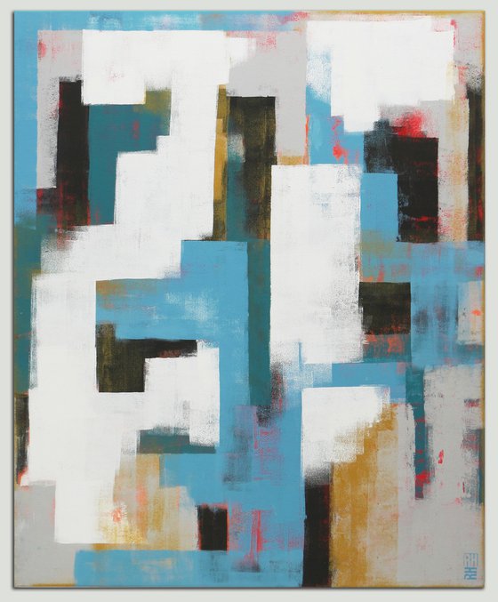 Vertical Abstract Painting: Untitled in Blue & Grey - 90x110 cm - Ronald Hunter - 2O