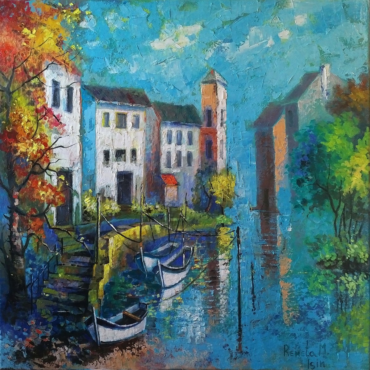 Impressionistic Cityscapes Oil Painting By Reneta Isin, 31 X 31", " Sunny Morning In Italy ", Original Artwork