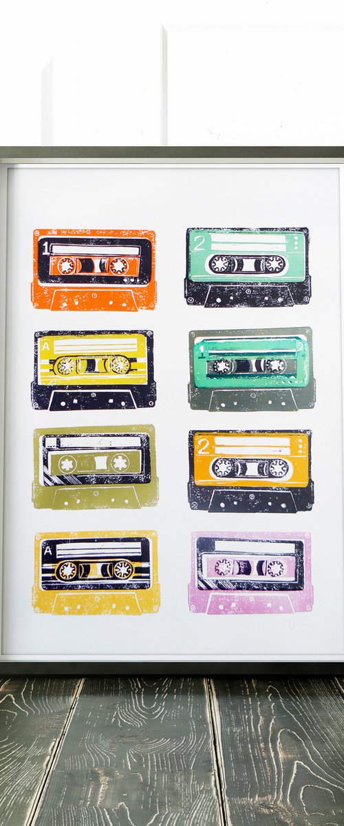Linocut tapes #1 (cassette tapes, retro music, 70's, 80's rock culture) by Carolynne Coulson