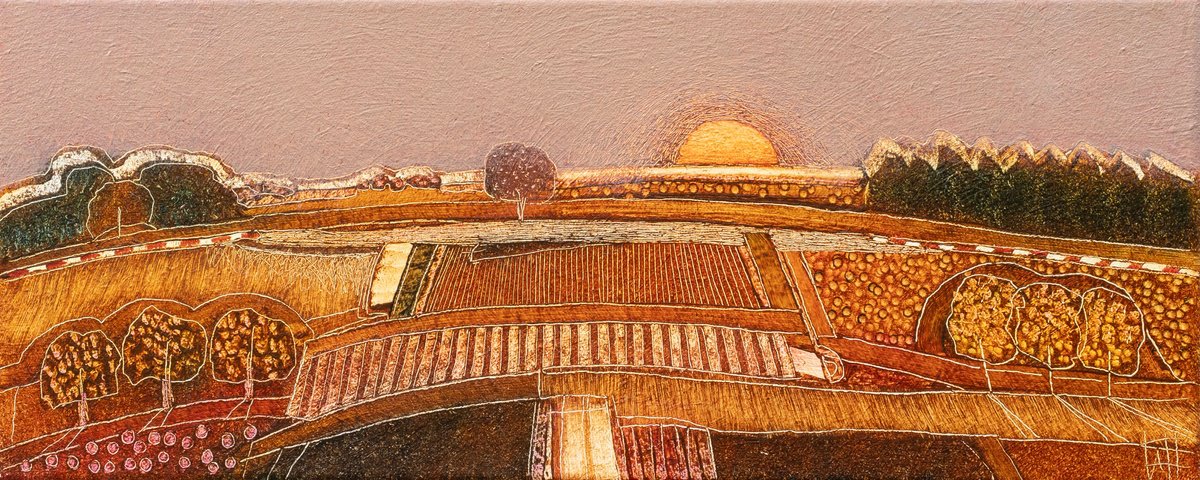 Landscape Oil Painting By Rob Van Hoek, 21 X 9", Sweet Sundown #2, Original Artwork