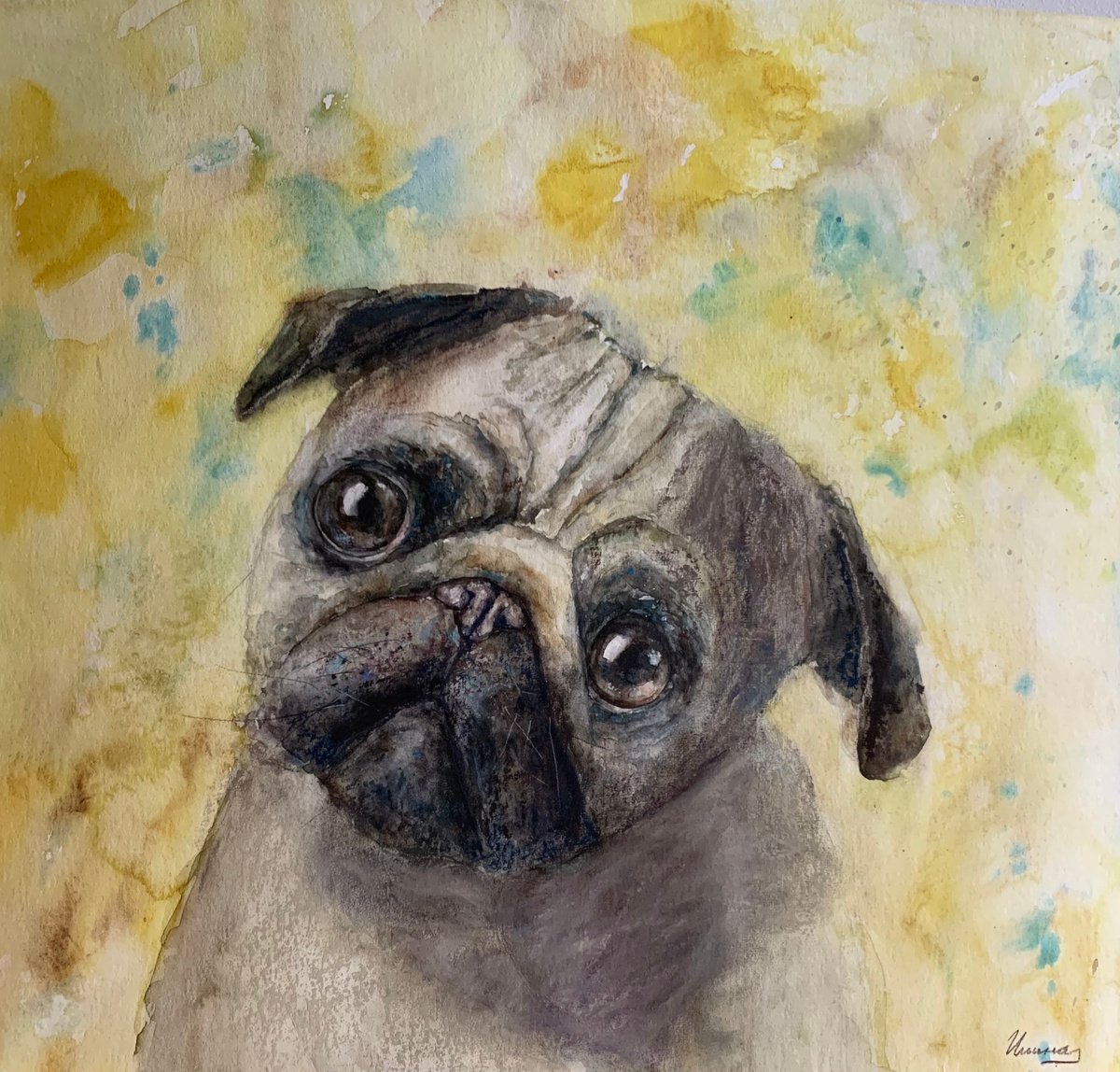PUG- Pastel and watercolor drawing on paper, home decor, dog lover, brown color, pet, chil... by Tatsiana Ilyina