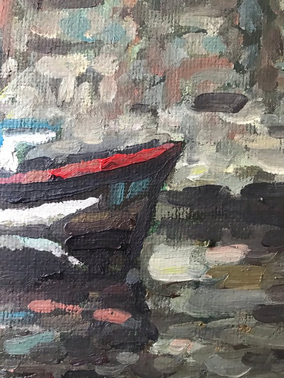 Original Oil Painting Wall Art Signed unframed Hand Made Jixiang Dong Canvas 25cm × 20cm Cityscape Amsterdam Boat River House Small Impressionism Impasto