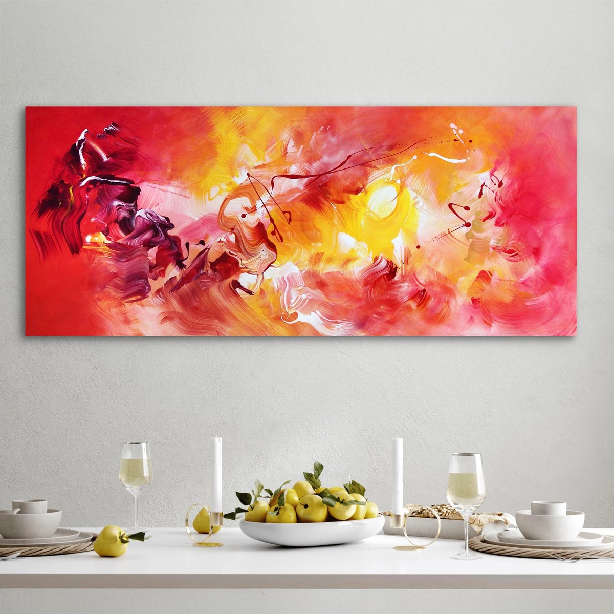 Abstract Acrylic Painting By Paresh Nrshinga Frsa, 48 X 20", Quiet Flame Ii, Original Artwork