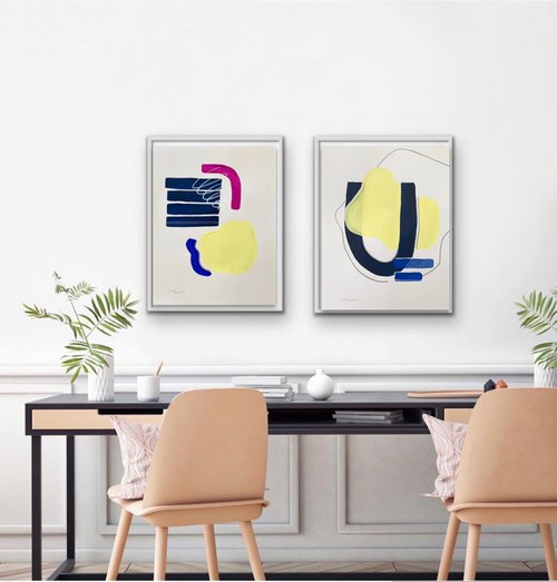 EVOLVING LANGUAGE Blue & Yellow - framed - 2 painting ready to hang by Daniela Pasqualini