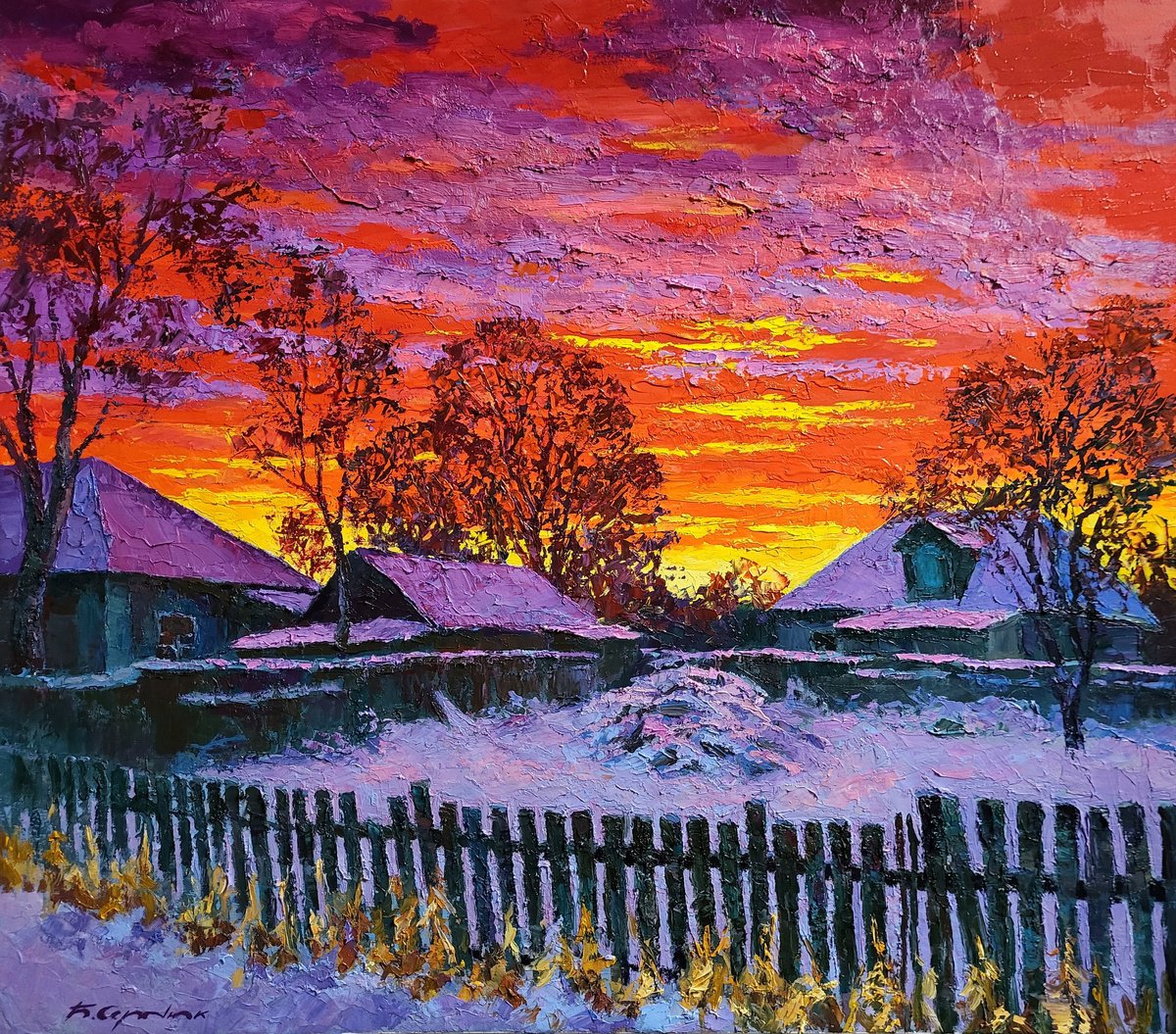 Impressionistic Landscape Oil Painting By Boris Serdyuk, 31 X 28, Winter Evening, Original Artwork