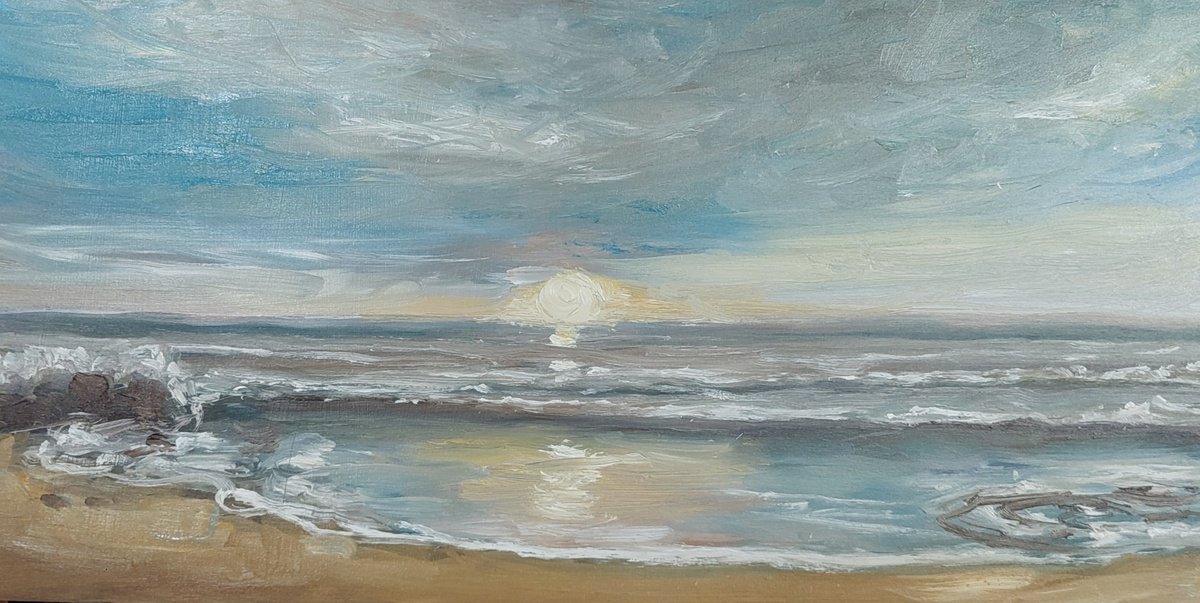 Impressionistic Landscape Oil Painting By Els Driesen, 16 X 8, Sunset On The Beach, Original Artwork