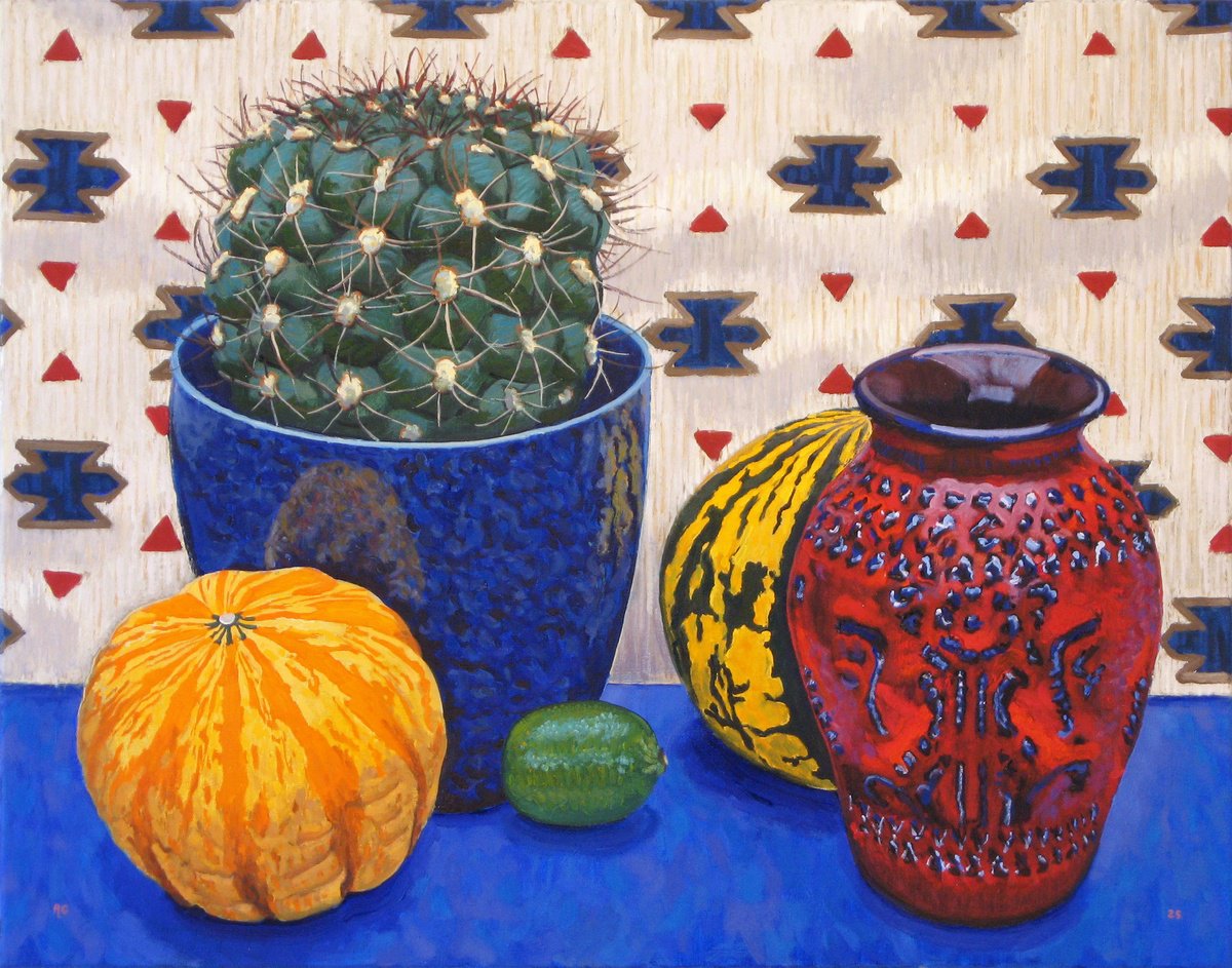 Still Life Oil Painting By Richard Gibson, 28 X 22", Cactus And Fruit, Original Artwork